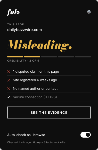 FALZ extension popup — credibility verdict